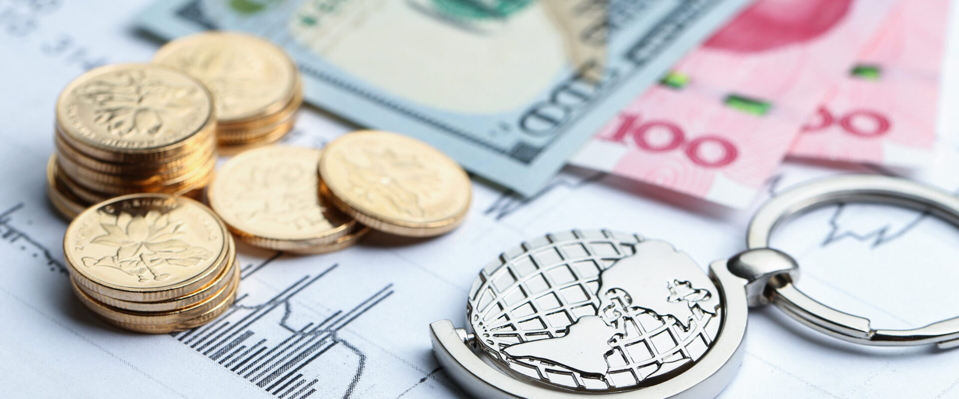 Coins paper money and globe on white Statistic form background #image_title